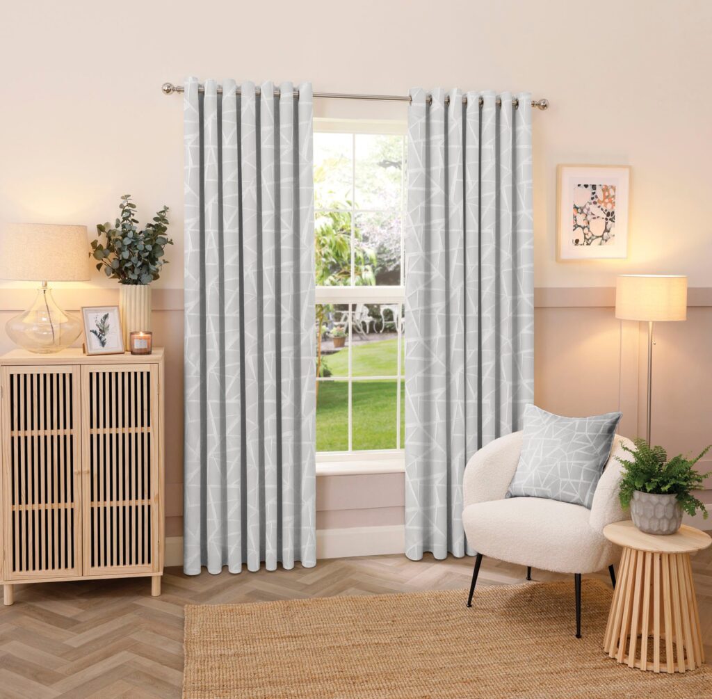GEOMETRIC PATTEREN GREY+WHITE EYELET CURTAINS FOR LIVING ROOM AND BEDROOM DECOR AND PRIVACY BY DUBAI BLINDS