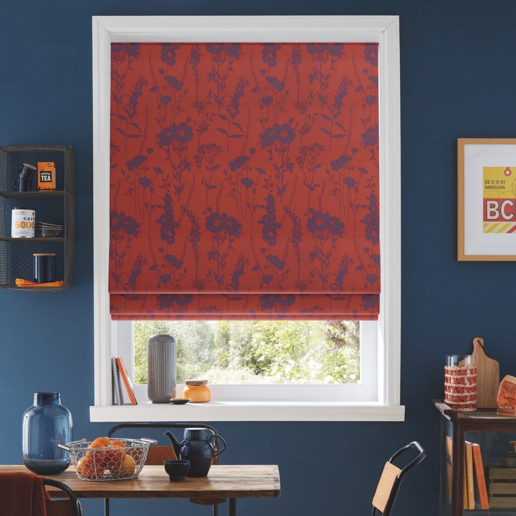 RED COLOUR FLORAL PRINTED ROMAN BLINDS FOR DINNING ROOM BY DLINDS SHOP DUBAI-FLAT 30% DISCOUNT