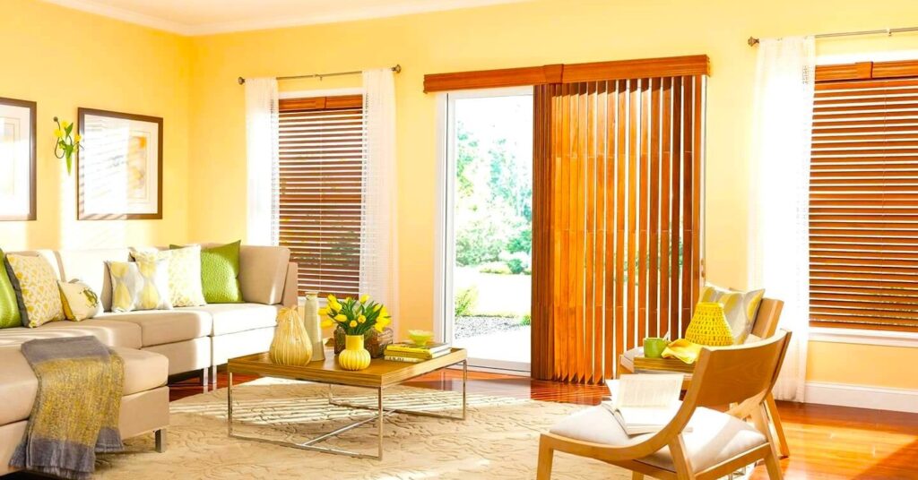 WOODEN VERTICAL AND VENETAIN BLINDS FOR LIVING ROOM DECOR BY BLINDS SHOP DUBAI
