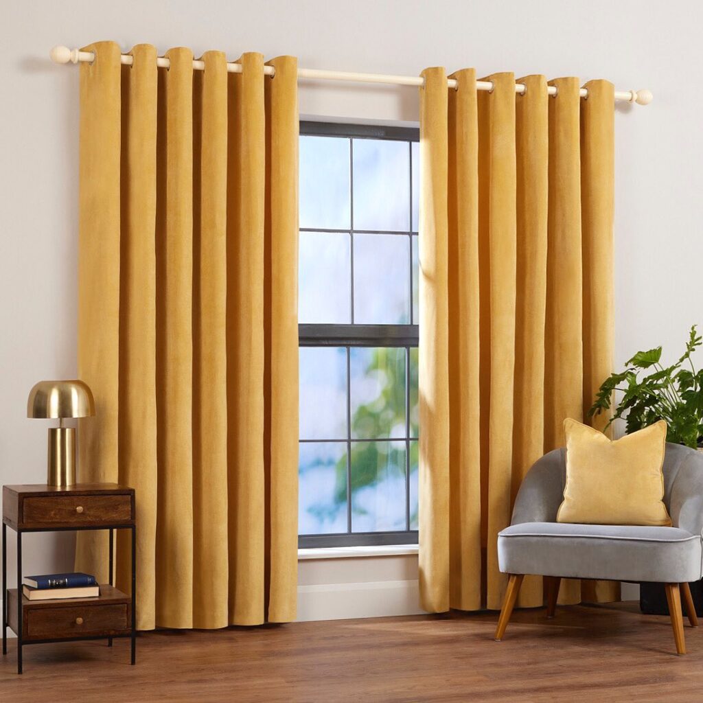 YELLOW COLOUR EYELET CURTAINS FOR LIVING ROOM DEOCR BY DUBAI BLINDS-FAST INSTALLATION